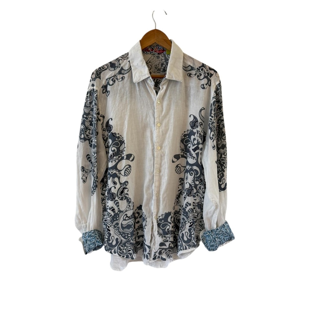Robert Graham Button Up Shirt Mens L White Linen Paisley Flip Cuff Resort